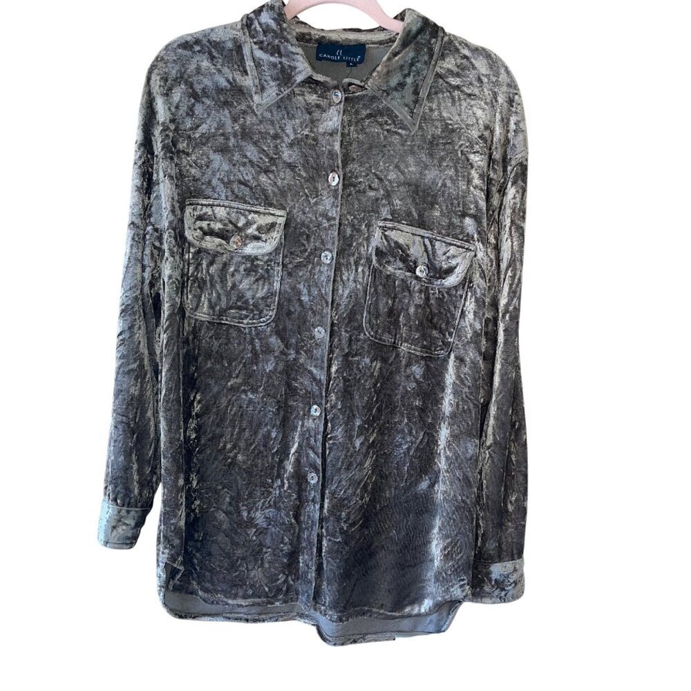Carole Little Vintage Womens Shirt Size Large Green Crushed Velvet Button Down